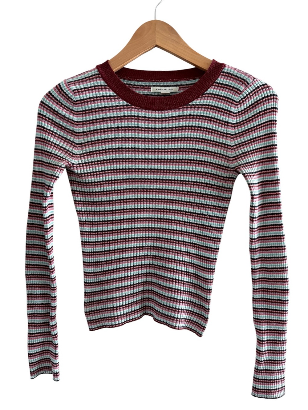 American Eagle Outfitters Burgundy and Light Blue Striped Ribbed Long Sleeve Top